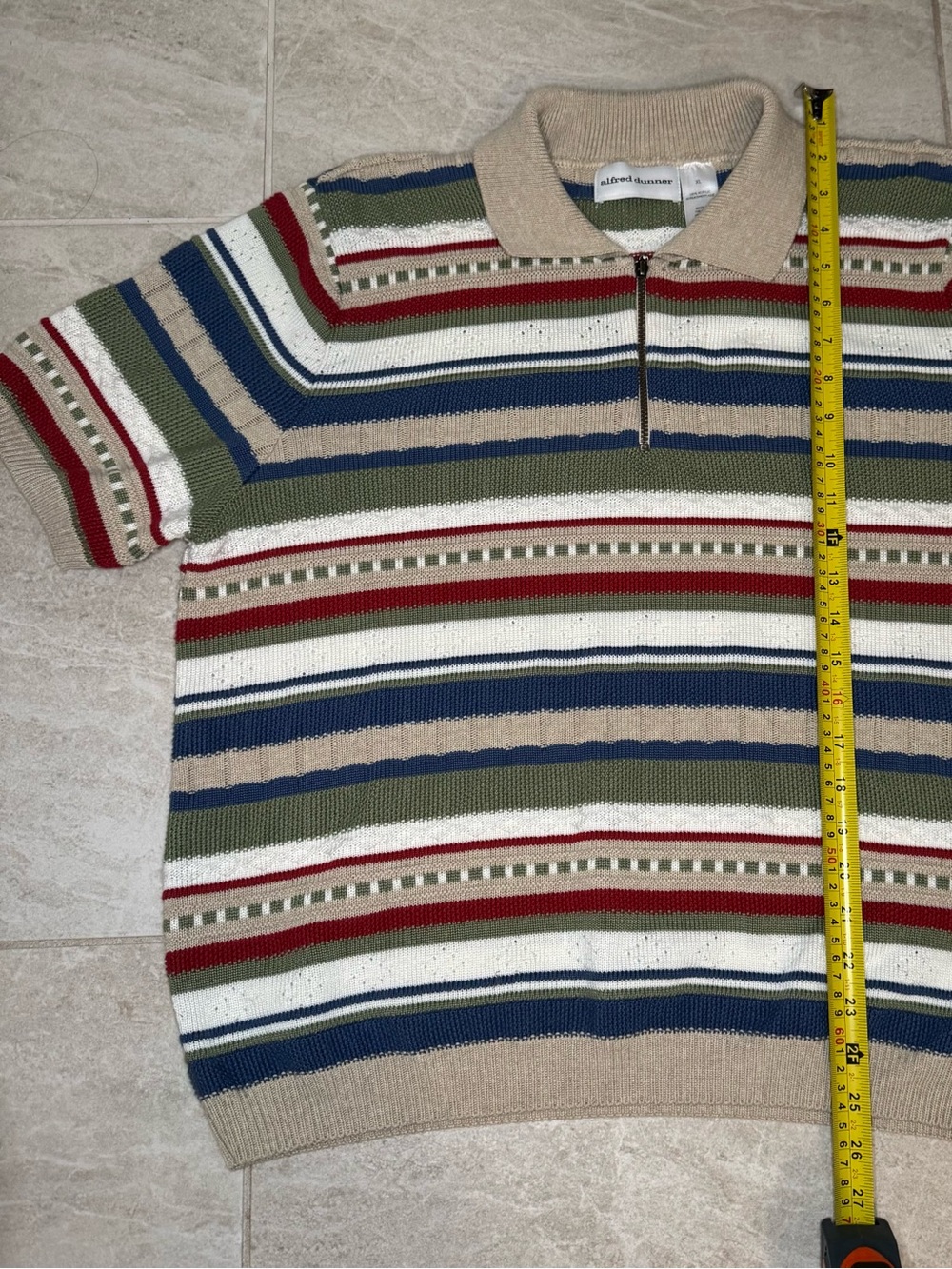 Alfred Dunner Beige Zip Knit Sweater with Red and Green Stripes